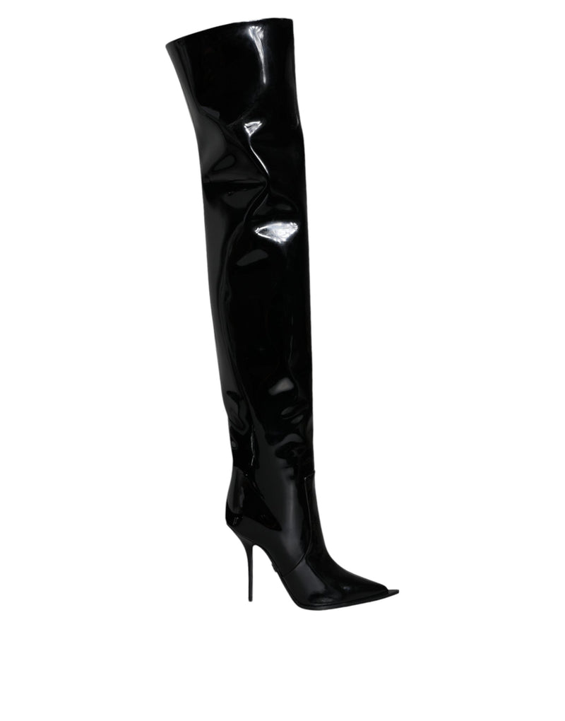Black Patent Leather Knee High Boots Shoes Dolce & Gabbana
