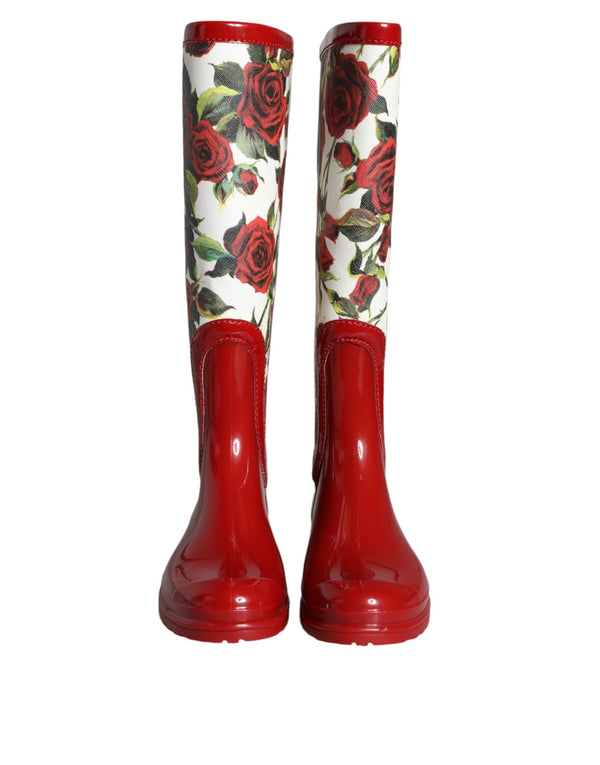 Red Floral Rubber Knee High Flat Boots Shoes Dolce & Gabbana