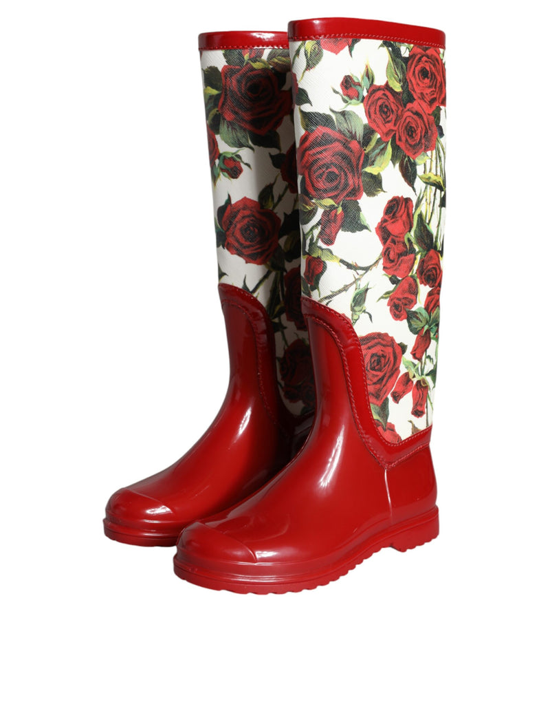 Red Floral Rubber Knee High Flat Boots Shoes Dolce & Gabbana