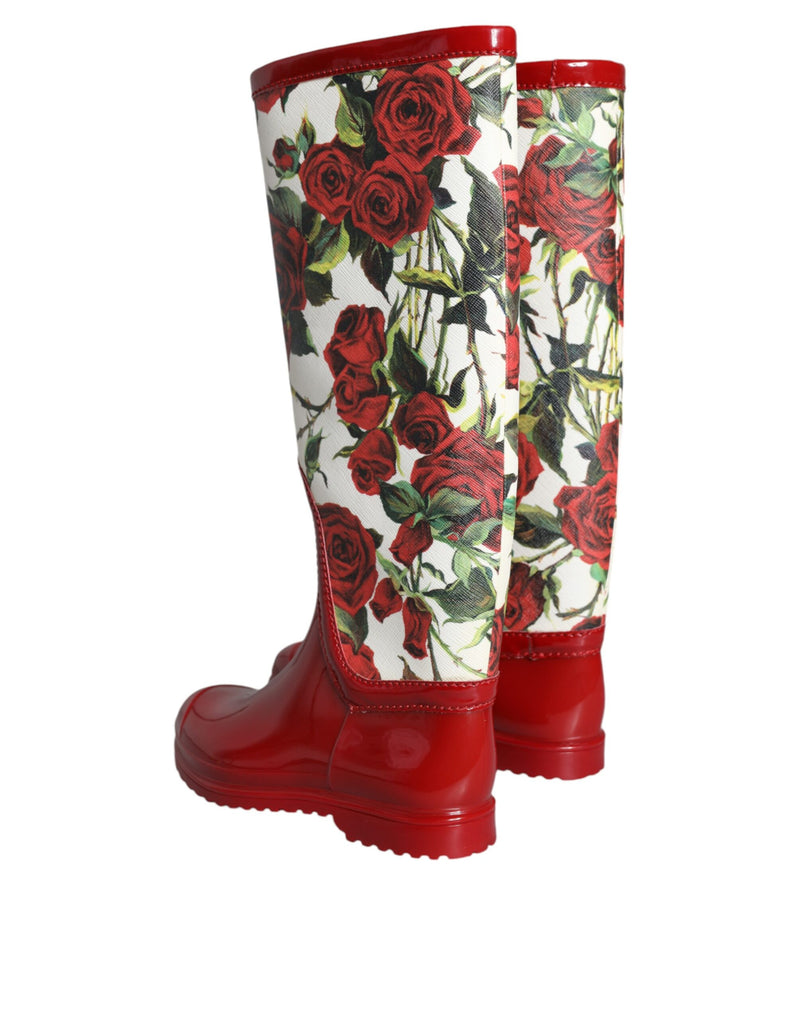 Red Floral Rubber Knee High Flat Boots Shoes Dolce & Gabbana