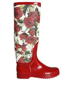 Red Floral Rubber Knee High Flat Boots Shoes Dolce & Gabbana