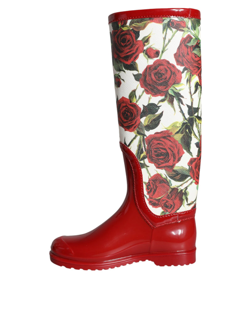 Red Floral Rubber Knee High Flat Boots Shoes Dolce & Gabbana