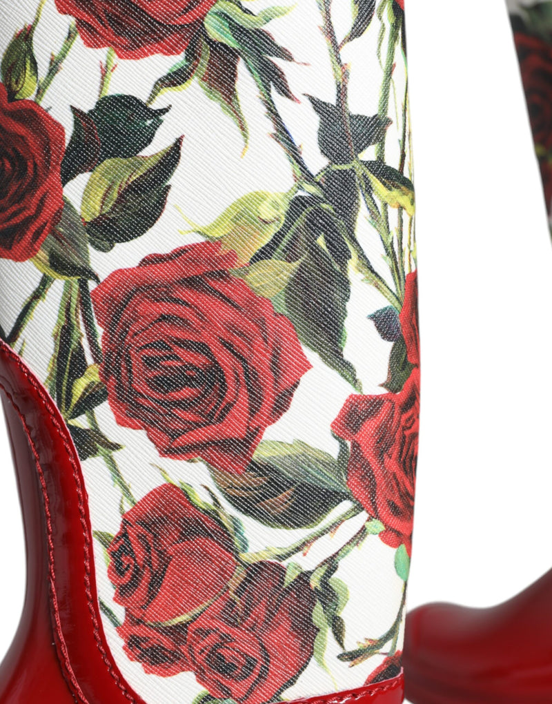 Red Floral Rubber Knee High Flat Boots Shoes Dolce & Gabbana