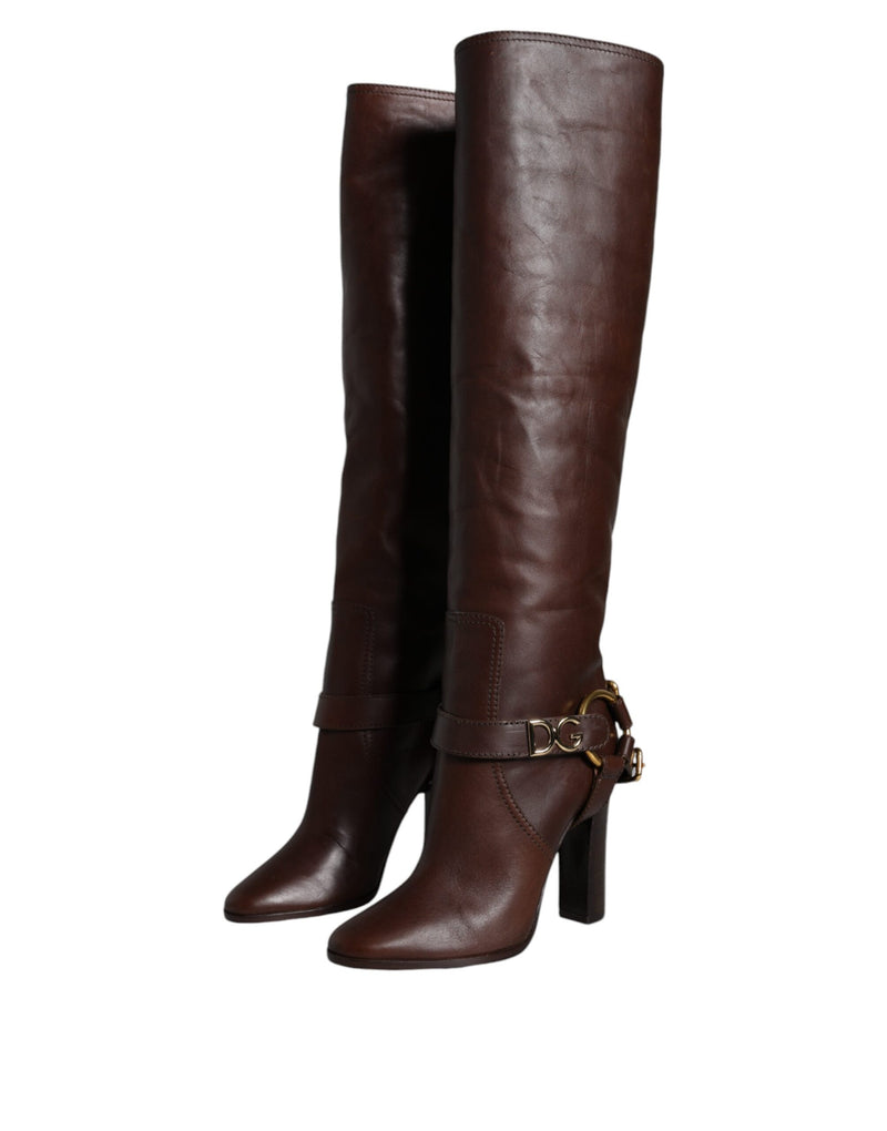 Brown Leather Gold Tone Logo High Boots Shoes Dolce & Gabbana