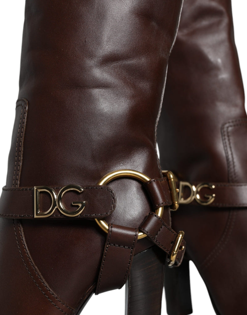 Brown Leather Gold Tone Logo High Boots Shoes Dolce & Gabbana