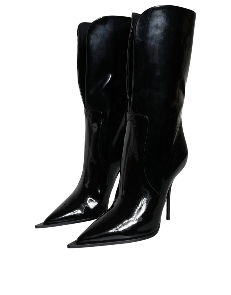 Black Patent Leather Mid Calf Boots Shoes Dolce & Gabbana