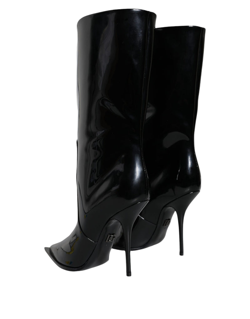 Black Patent Leather Mid Calf Boots Shoes Dolce & Gabbana