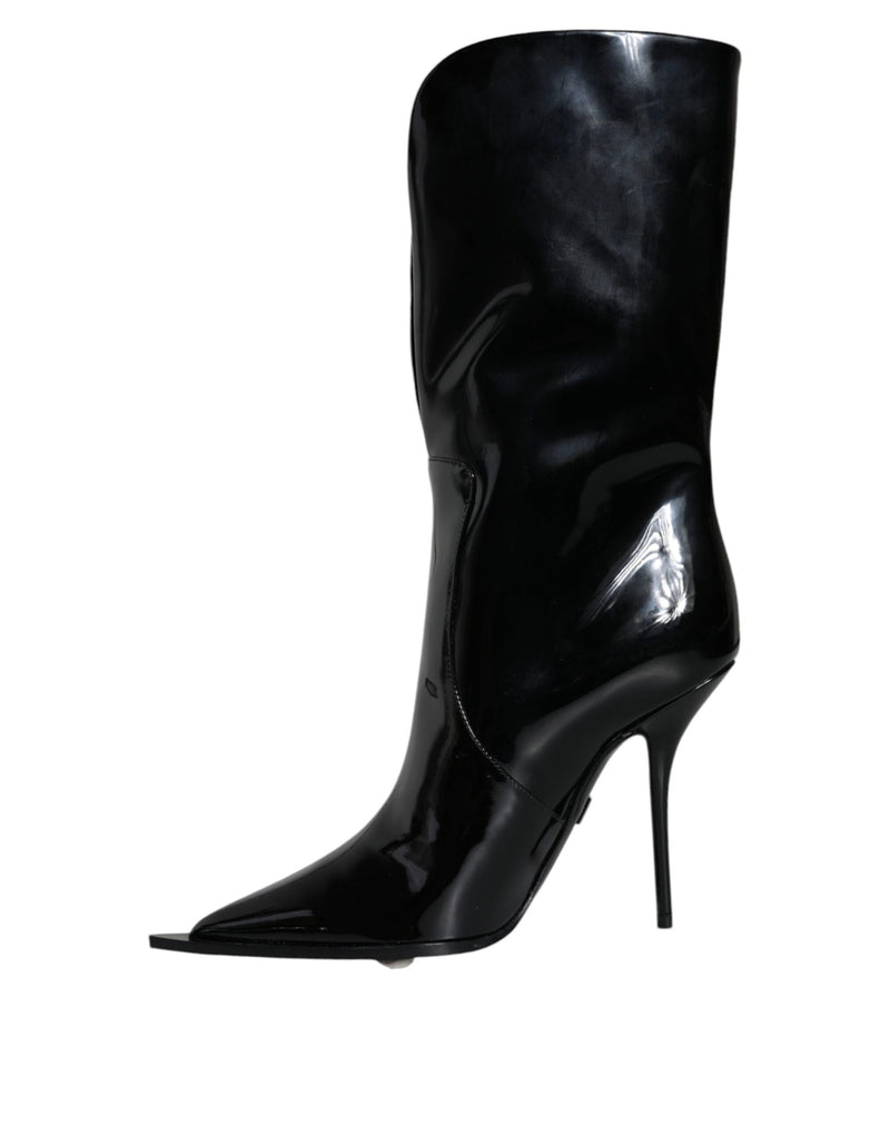 Black Patent Leather Mid Calf Boots Shoes Dolce & Gabbana