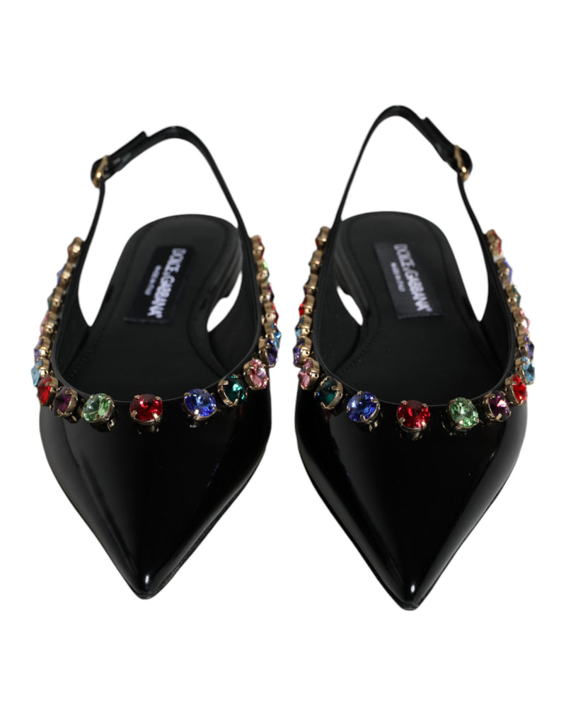 Black Leather Crystal Flats Slingback Shoes Dolce & Gabbana