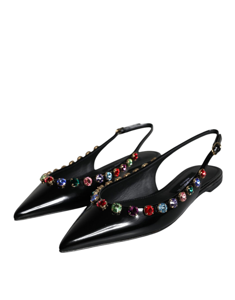 Black Leather Crystal Flats Slingback Shoes Dolce & Gabbana