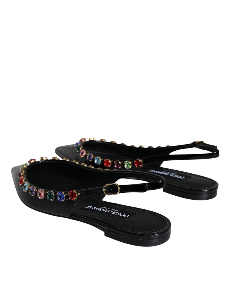 Black Leather Crystal Flats Slingback Shoes Dolce & Gabbana