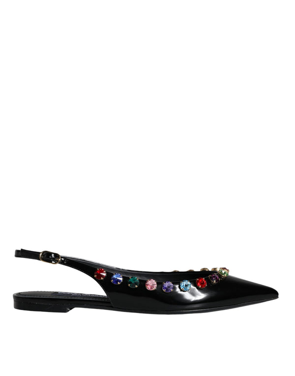 Black Leather Crystal Flats Slingback Shoes Dolce & Gabbana