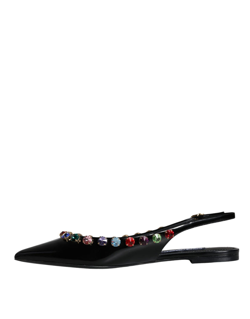 Black Leather Crystal Flats Slingback Shoes Dolce & Gabbana