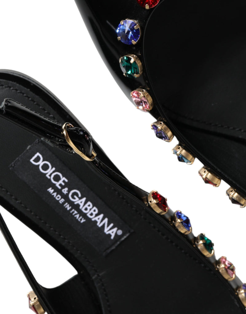 Black Leather Crystal Flats Slingback Shoes Dolce & Gabbana