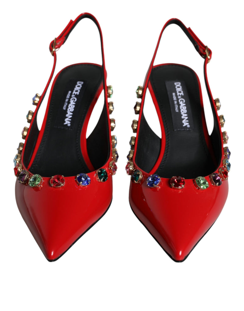 Red Leather Crystal Heels Slingback Shoes Dolce & Gabbana