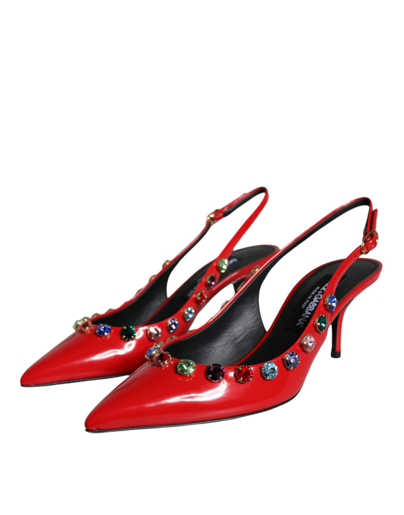 Red Leather Crystal Heels Slingback Shoes Dolce & Gabbana