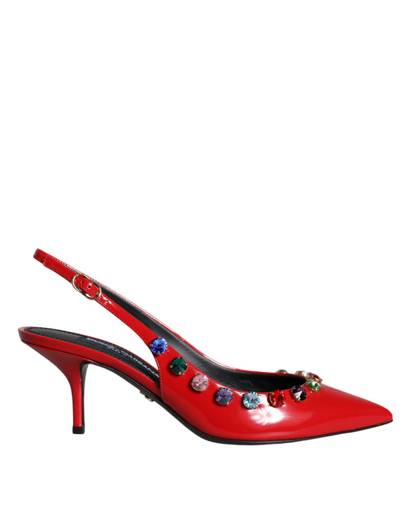 Red Leather Crystal Heels Slingback Shoes Dolce & Gabbana