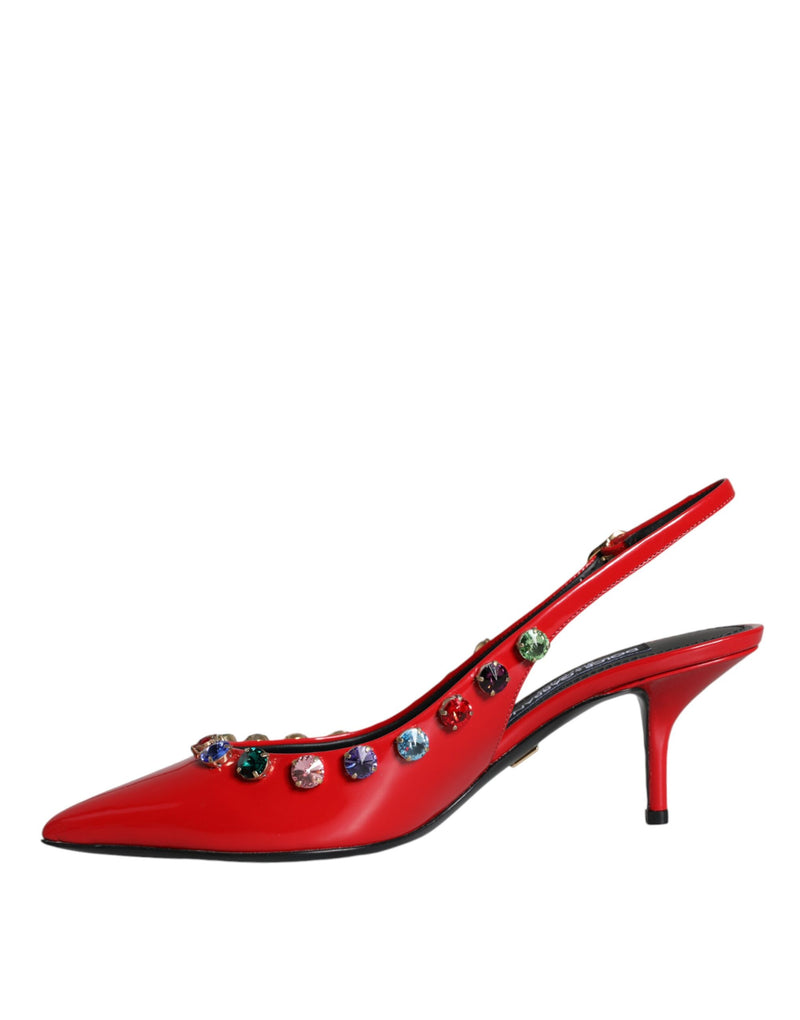 Red Leather Crystal Heels Slingback Shoes Dolce & Gabbana