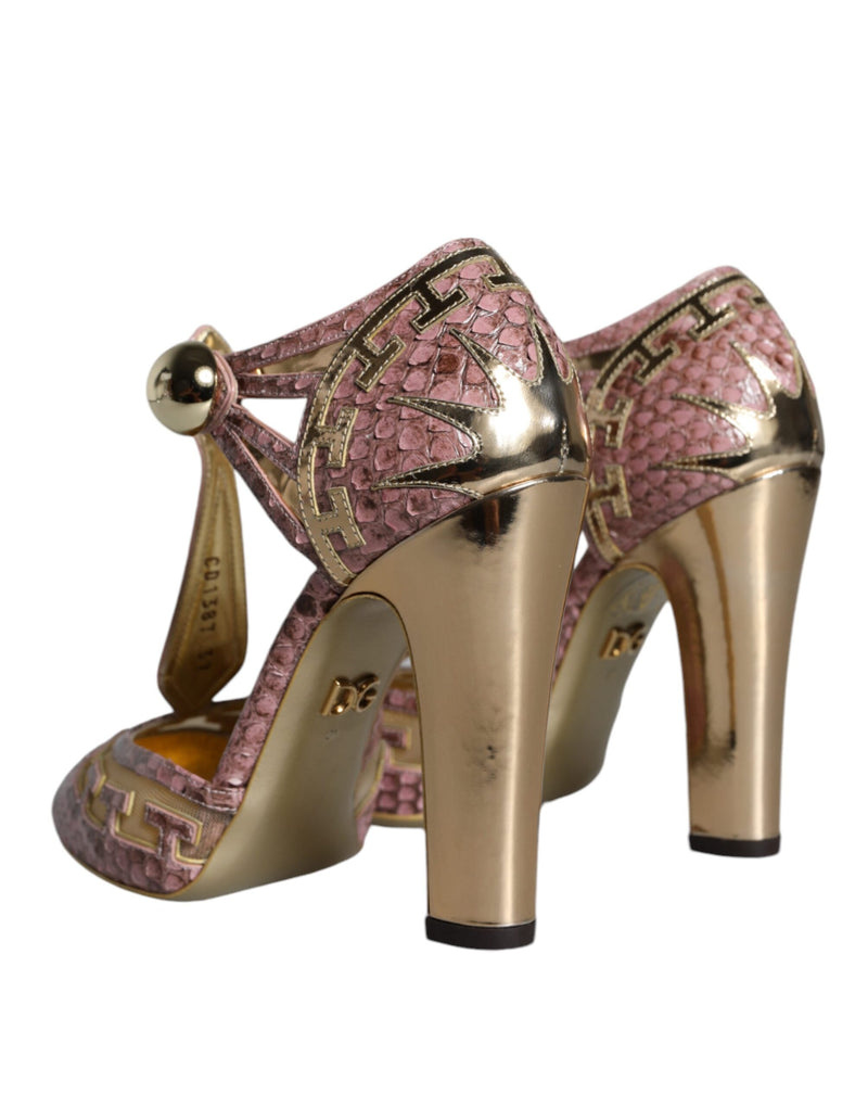 Pink Gold Leather Pumps T-strap Sandals Shoes Dolce & Gabbana