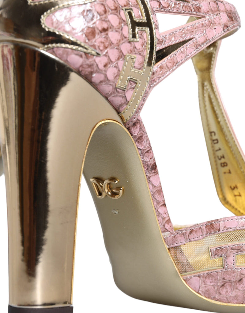 Pink Gold Leather Pumps T-strap Sandals Shoes Dolce & Gabbana