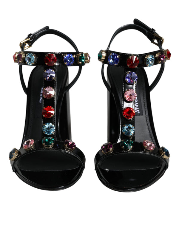 Black Crystal Leather T-strap Sandals Shoes Dolce & Gabbana