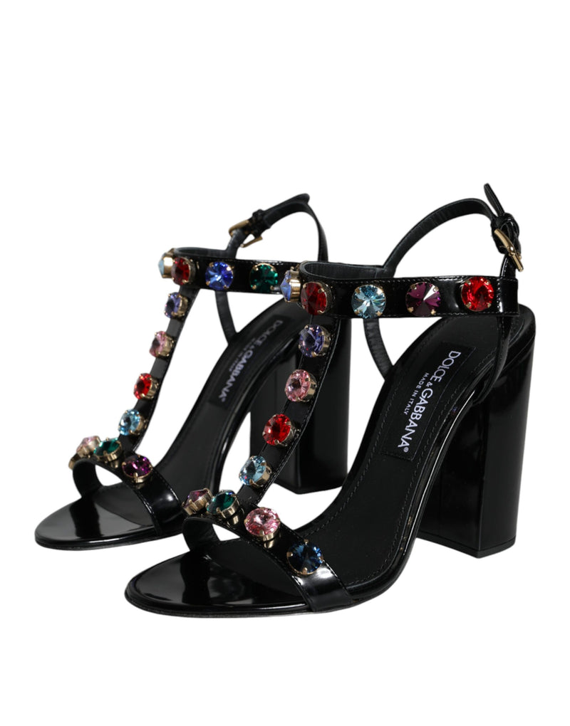 Black Crystal Leather T-strap Sandals Shoes Dolce & Gabbana