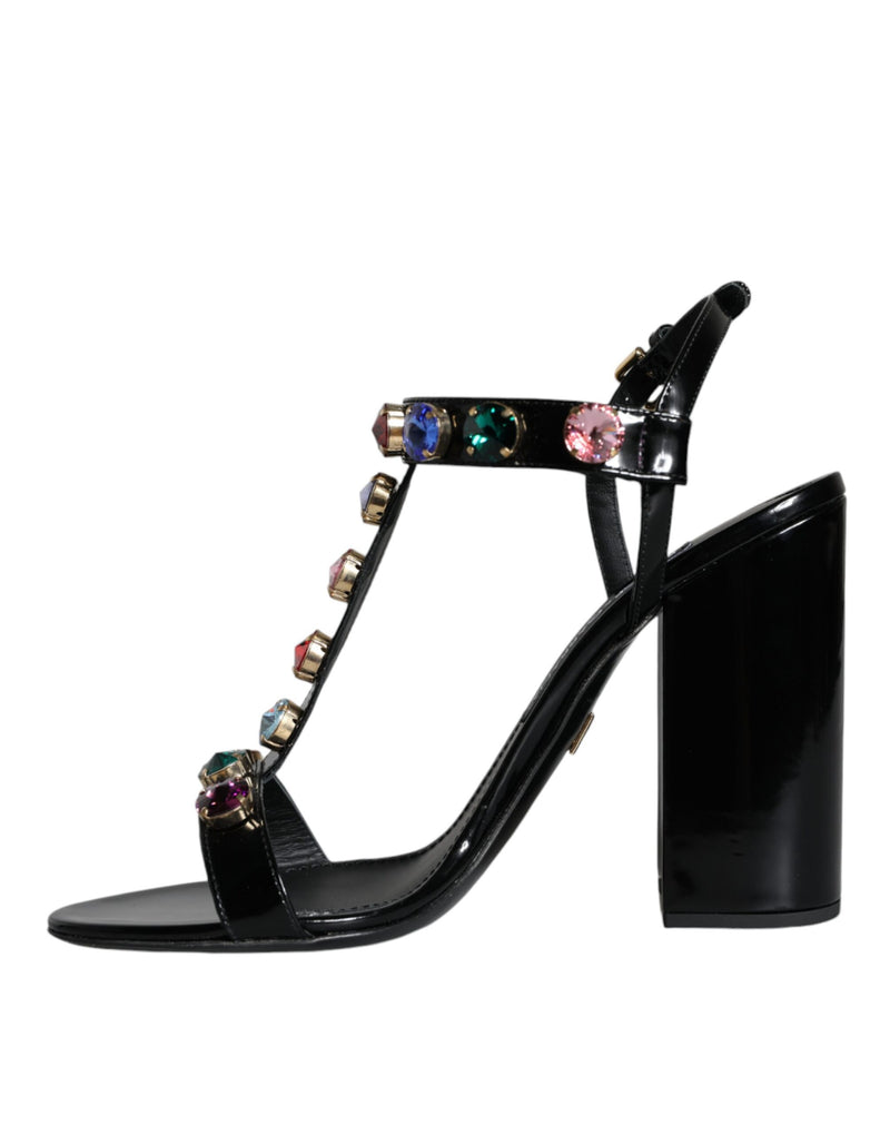 Black Crystal Leather T-strap Sandals Shoes Dolce & Gabbana