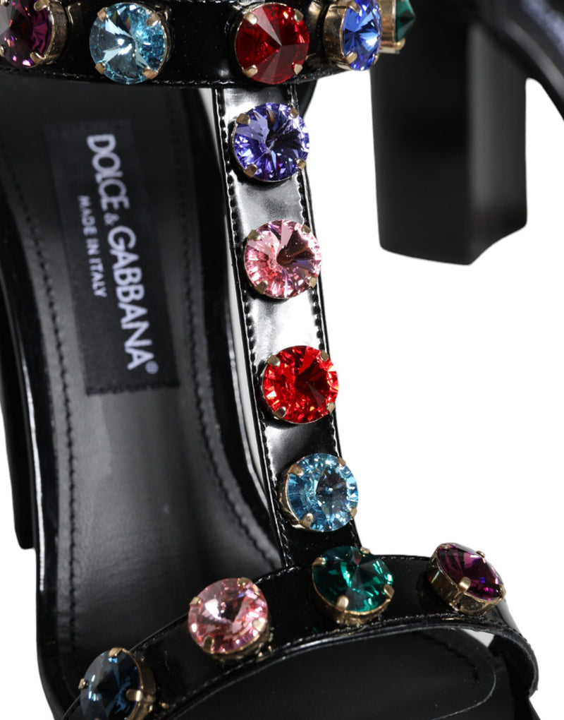 Black Crystal Leather T-strap Sandals Shoes Dolce & Gabbana