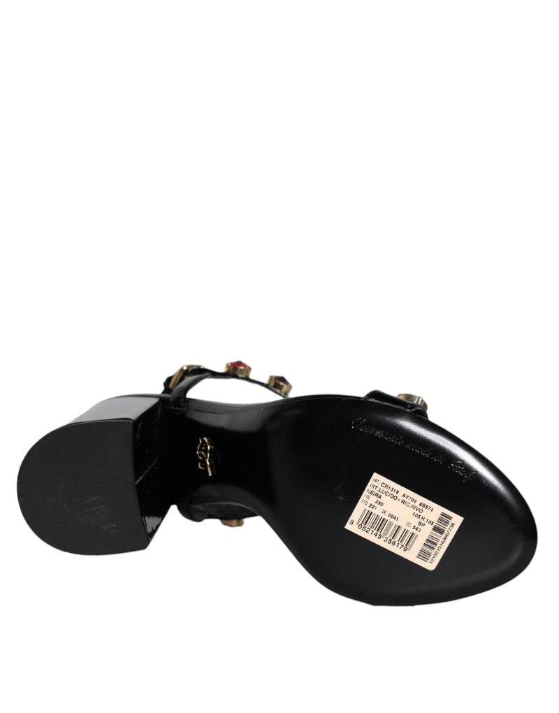 Black Crystal Leather T-strap Sandals Shoes Dolce & Gabbana