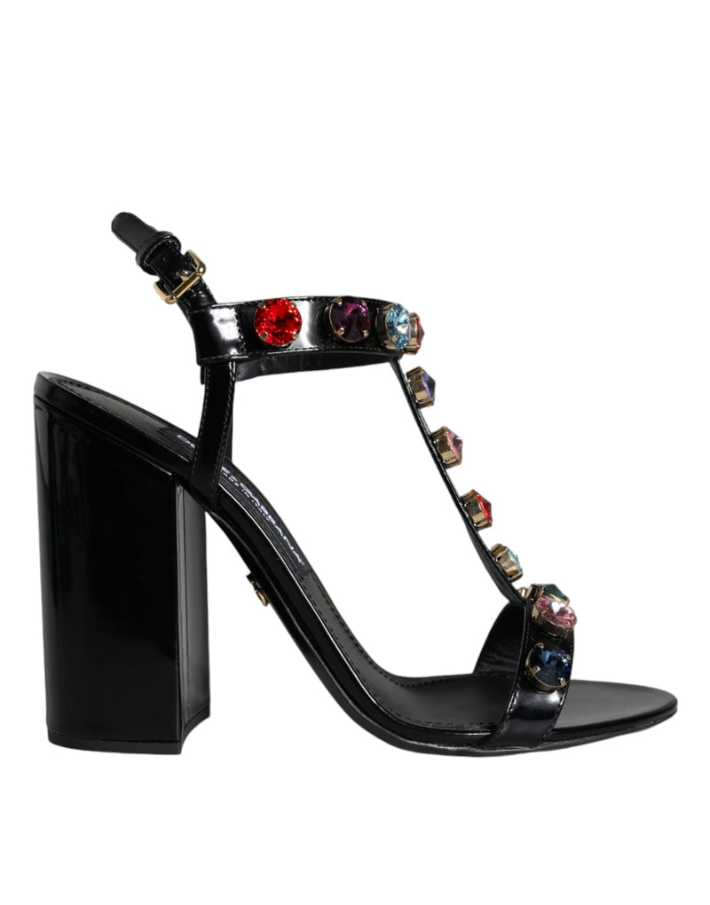 Black Crystal Leather T-strap Sandals Shoes Dolce & Gabbana