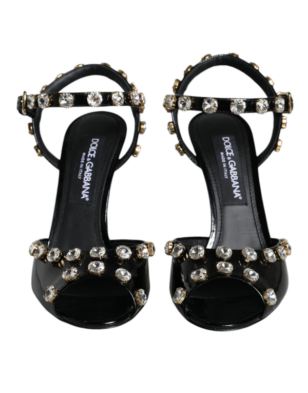 Black Leather Crystal Ankle Strap Sandals Shoes Dolce & Gabbana