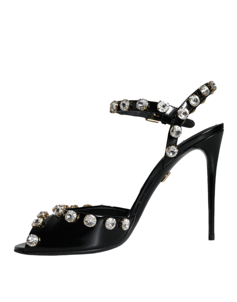 Black Leather Crystal Ankle Strap Sandals Shoes Dolce & Gabbana