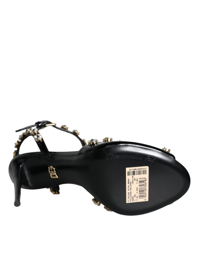 Black Leather Crystal Ankle Strap Sandals Shoes Dolce & Gabbana