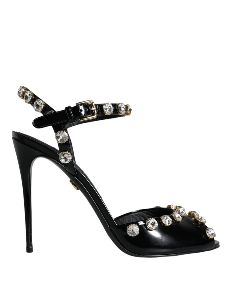 Black Leather Crystal Ankle Strap Sandals Shoes Dolce & Gabbana