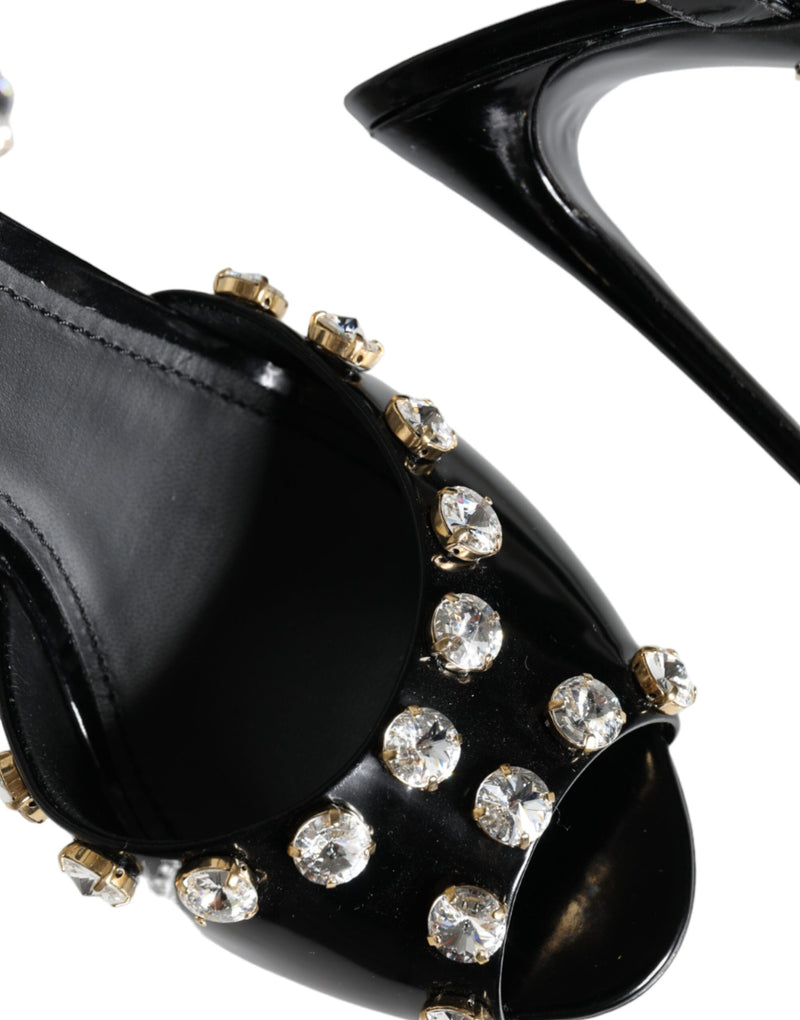 Black Leather Crystal Ankle Strap Sandals Shoes Dolce & Gabbana