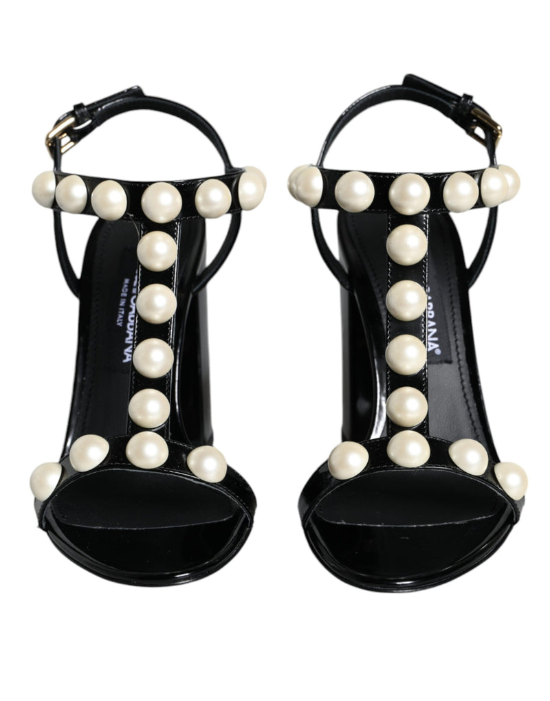 Black Leather Pearls T-strap Sandals Shoes Dolce & Gabbana