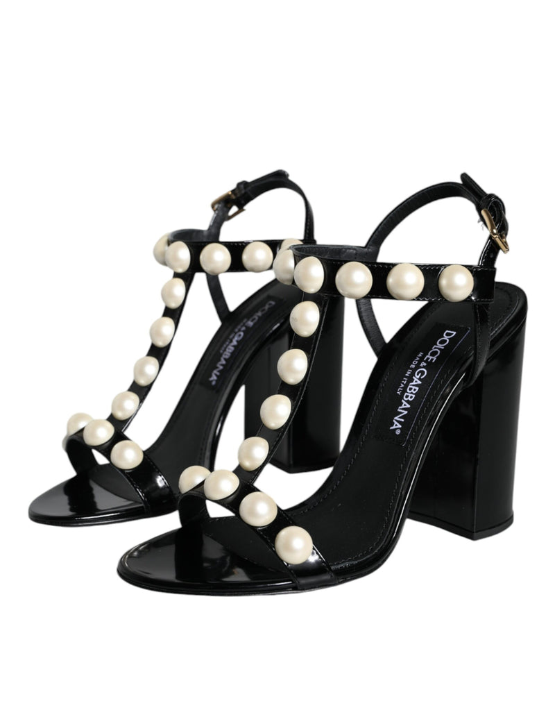 Black Leather Pearls T-strap Sandals Shoes Dolce & Gabbana