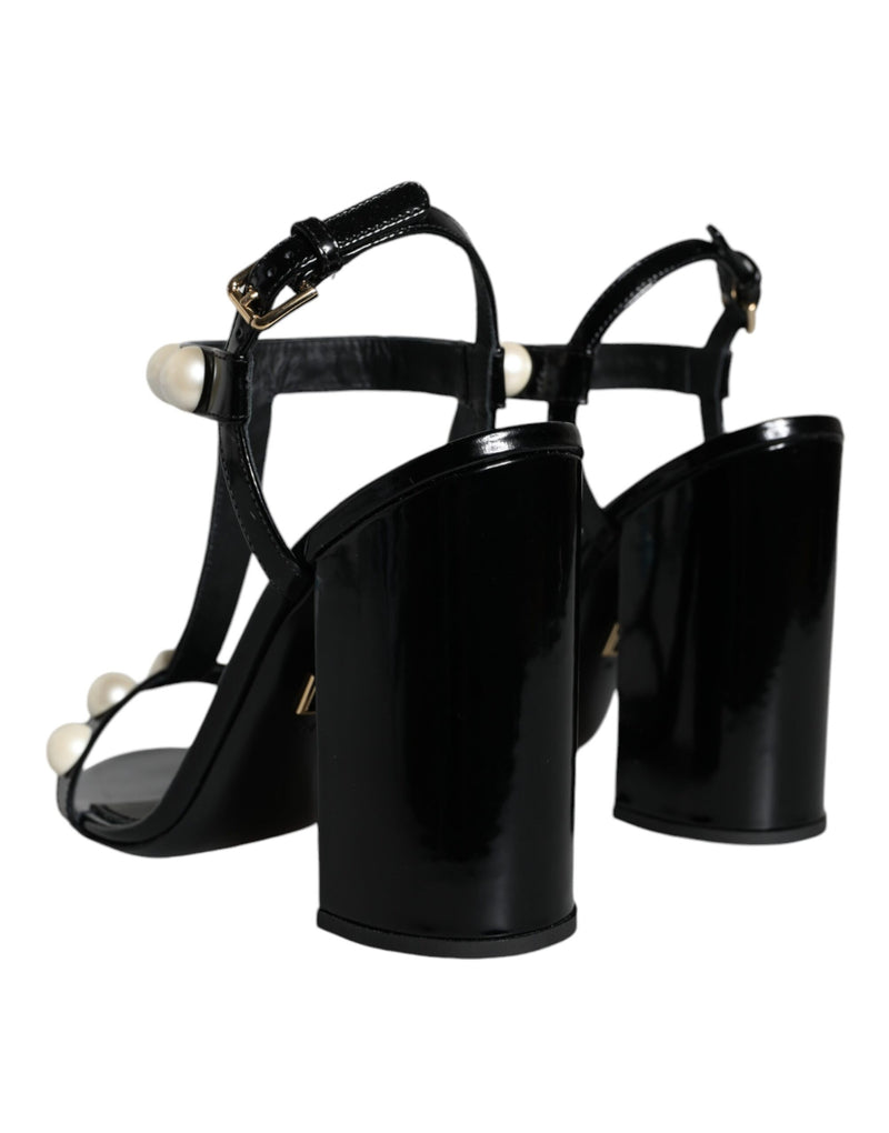 Black Leather Pearls T-strap Sandals Shoes Dolce & Gabbana