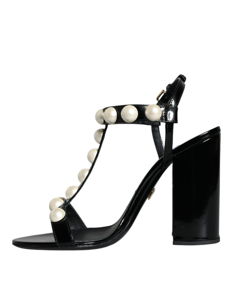 Black Leather Pearls T-strap Sandals Shoes Dolce & Gabbana