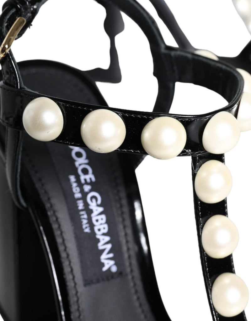 Black Leather Pearls T-strap Sandals Shoes Dolce & Gabbana