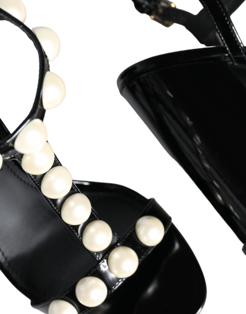 Black Leather Pearls T-strap Sandals Shoes Dolce & Gabbana