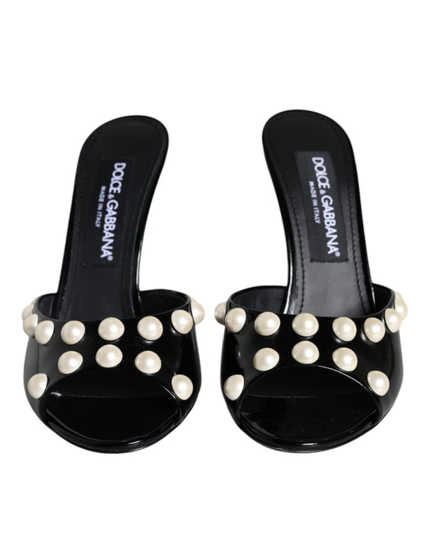 Black Leather Pearls Slides Sandals Shoes Dolce & Gabbana