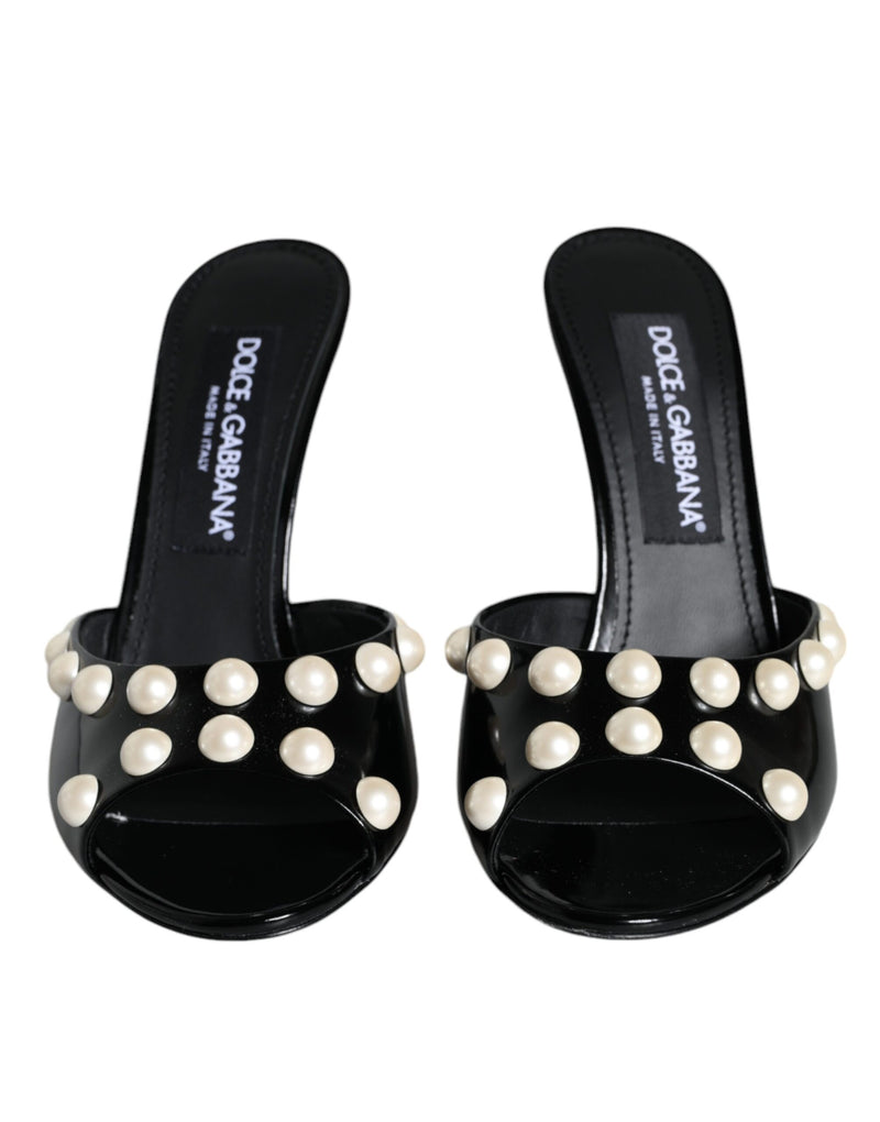 Black Leather Pearls Slides Sandals Shoes Dolce & Gabbana