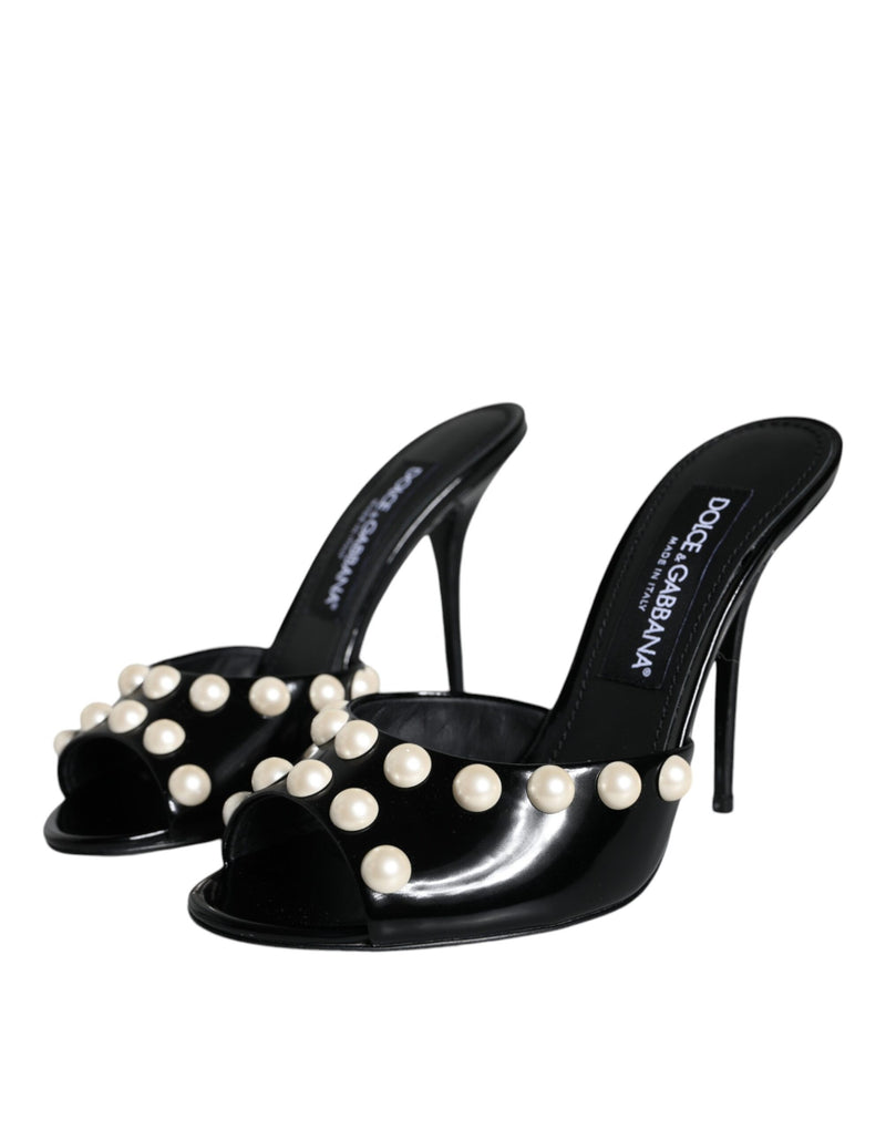 Black Leather Pearls Slides Sandals Shoes Dolce & Gabbana