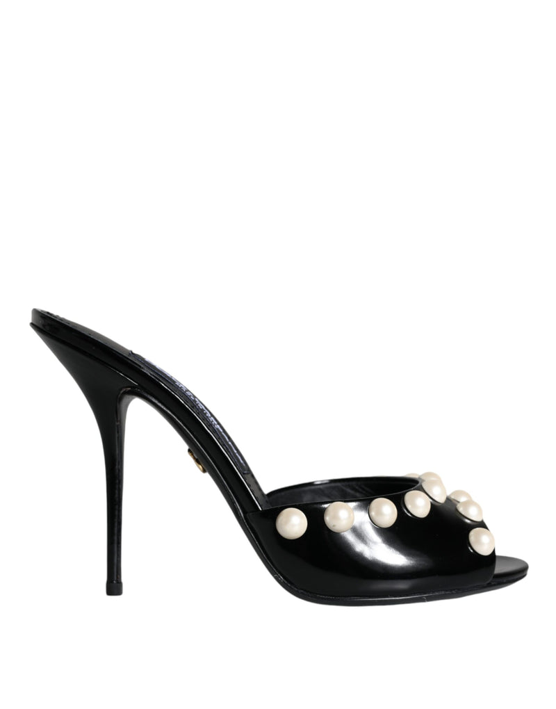 Black Leather Pearls Slides Sandals Shoes Dolce & Gabbana