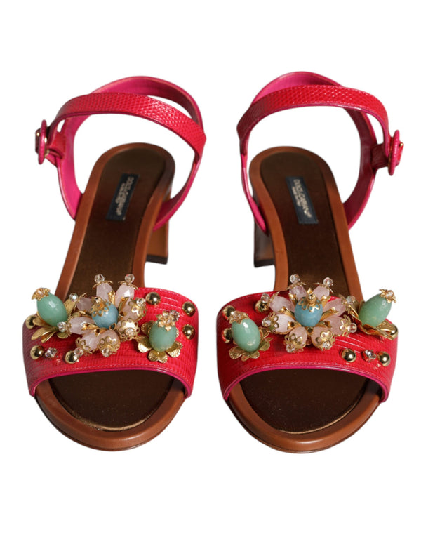 Fuchsia Leather Embellished Keira Sandals Shoes Dolce & Gabbana