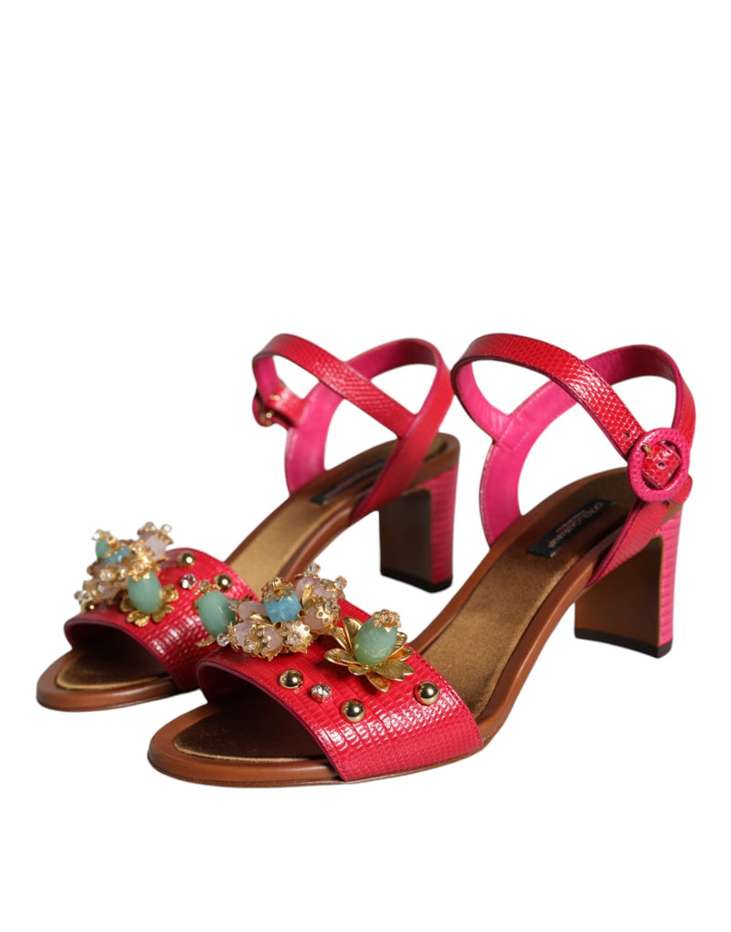 Fuchsia Leather Embellished Keira Sandals Shoes Dolce & Gabbana