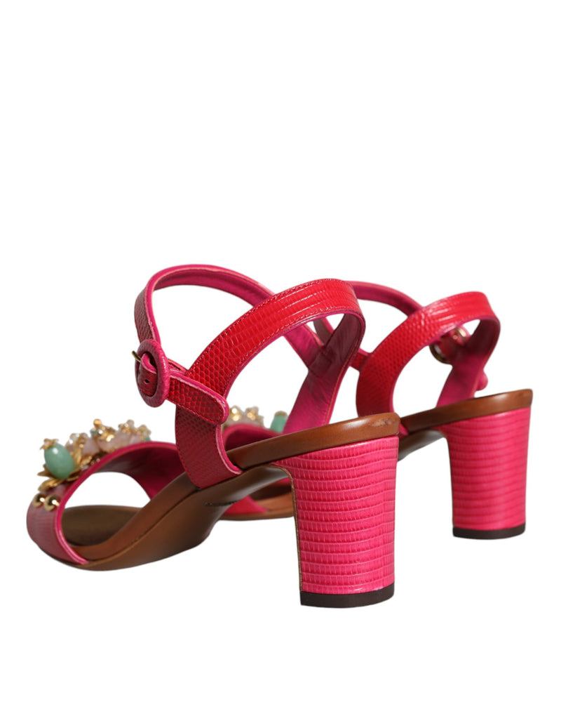 Fuchsia Leather Embellished Keira Sandals Shoes Dolce & Gabbana