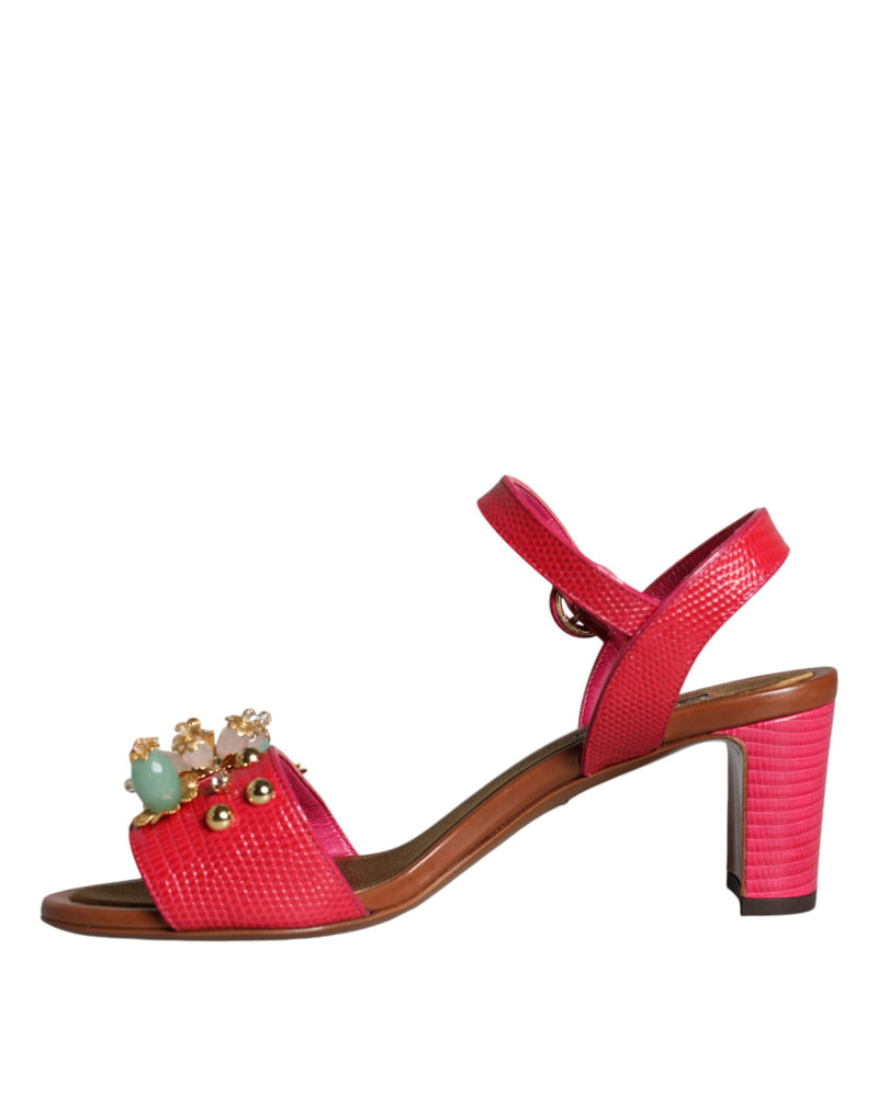 Fuchsia Leather Embellished Keira Sandals Shoes Dolce & Gabbana