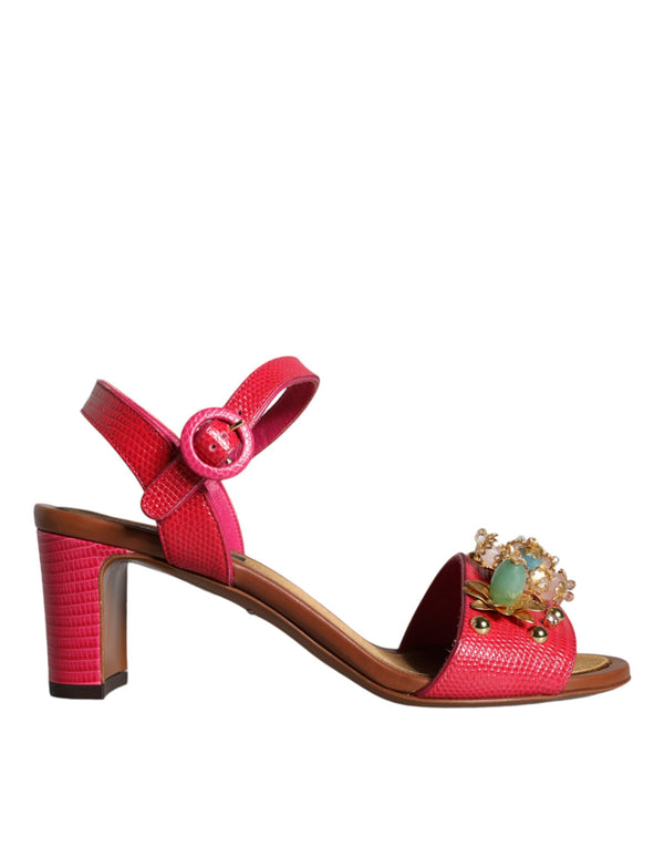 Fuchsia Leather Embellished Keira Sandals Shoes Dolce & Gabbana